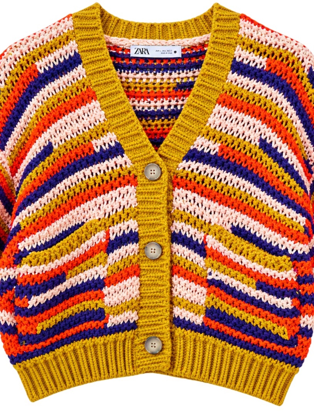 ZARA Chunky Crop Knit Multicolor Cardigan L/XL Button Front Statement 
Sweater - Picture 5 of 6